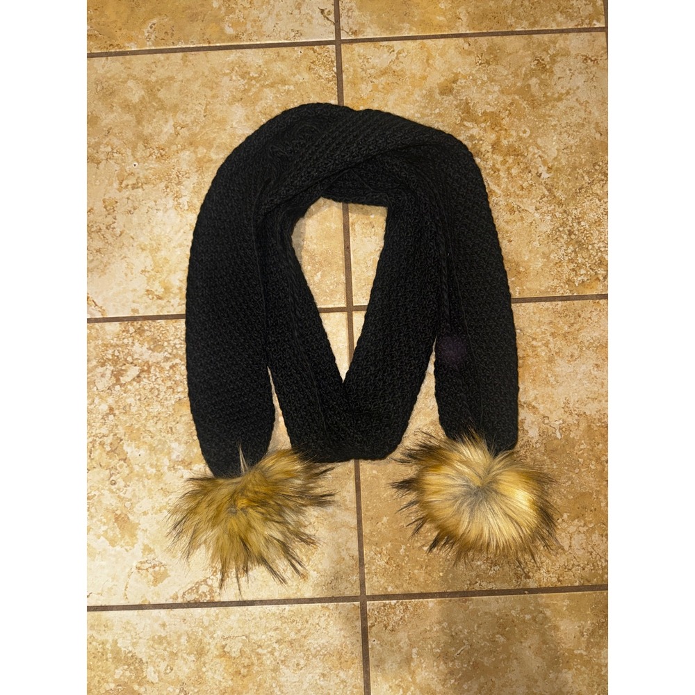 Lauren Ralph Lauren Black Knit Scarf with Faux Fur Pom Poms Accessory